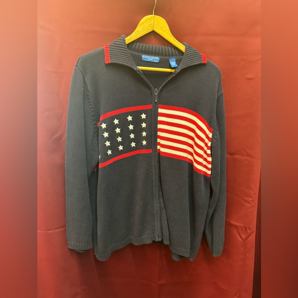 Karen Scott Sport Zip Up American Flag Navy Blue - Size 1X